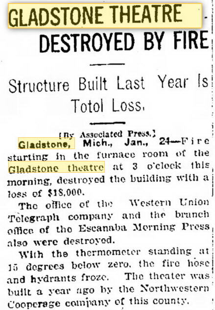Gladstone Theatre - 24 Jan 1922 Destroyed By Fire